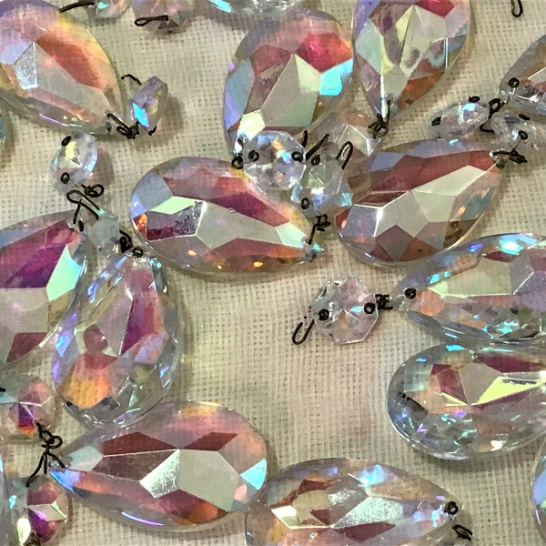 Pair Vintage Iridescent Teardrop Chandelier Crystals