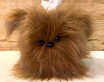 Brown Plush Dog Tissue Box Cover, Handmade, Fuzzy Puppy with Chill Expression
