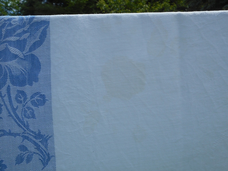 dust blue rose trim Vintage Damask Tablecloth
