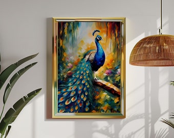 Wunderschöner Pfau auf einem Baum Digitaldruck • Aquarell-Wandkunst • Trendige Wohnzimmerdrucke • Geschenk für Vogelliebhaber