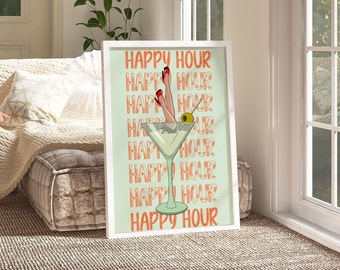 Happy Hour Martini Digital Print • Retro Wall Art • Trendy Kitchen Art • Retro Bar Cart Poster