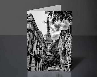 LUXURY GREETING CARDS - Eiffel Tower in Paris, A5, 6x8 inches, Paris France Street Scene, Romantic French Culture, Black & White, Blank