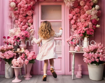 Mur de devanture florale rose pour composites numériques - composite fille Barbie - porte de roses roses - superposition enfant nouveau-né maternité bambin fille