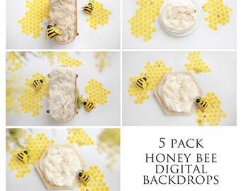 5 pack Honey bee Bumble bee yellow flower digital background for newborn photography. Digital backdrops - spring - yellow - honey - bee