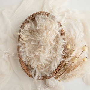 Puede incluir: Una cesta tejida llena de una pelusa blanca de imitación para fotografía de recién nacidos. La cesta está sobre un fondo de tela blanca con hierba de la pampa seca y vainas de semillas.