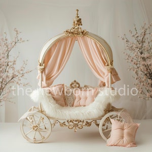 Princess Carriage Pink Peach Gold Newborn Digital Background, Newborn Background, Floral Carriage Composite, Maternity Digital Overlay
