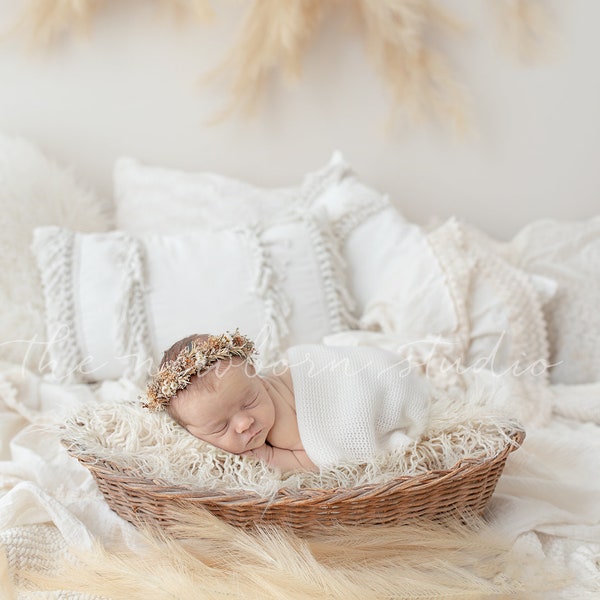 Boho Digital bed basket Backdrop - Digital Newborn backdrop for Photographers - neutral white digital background for Newborn Photography