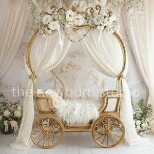 Princess Carriage White Floral Gold Newborn Digital Background, Newborn Background, Floral Carriage Composite, Maternity Digital Overlay