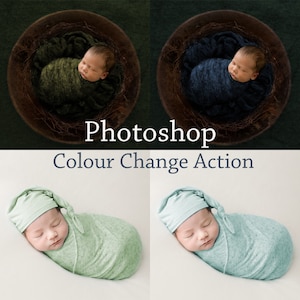 May include: Image showcasing newborn photography color change options. The top row features babies swaddled in green and blue, nestled in wooden bowls. The bottom row displays babies in mint green and light blue wraps and hats. Text reads "Photoshop Colour Change Action."