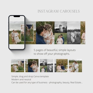 Può includere: Un modello di carosello Instagram su uno smartphone presenta foto di una coppia in un campo. Il modello include cinque pagine con layout semplici. Il testo recita "INSTAGRAM CAROUSELS" e "5 pagine di layout belli e semplici."