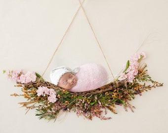 Boho Hanging florals wildflower Digital Newborn backdrop pour photographes - fond numérique blanc neutre pour la photographie de nouveau-né