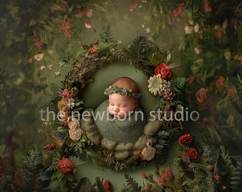 Garden Backdrop Newborn Digital Flowers - Floral Green Nest Backdrop - Digital Basket - Neutral Newborn Rustic Green Background Composite