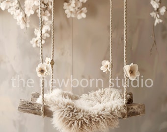 Newborn Floral pink rope Swing Composite - Simple Neutral Newborn Digital Backdrop for Photographers - Newborn Digital composite Background