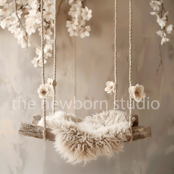 Newborn Floral pink rope Swing Composite - Simple Neutral Newborn Digital Backdrop for Photographers - Newborn Digital composite Background