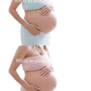 May include: A pregnant person wearing a light blue strapless top and skirt, with the text "White to blue..." in white. The person is holding their belly. A second image shows a pink strapless top and skirt with the text "White to pink..."