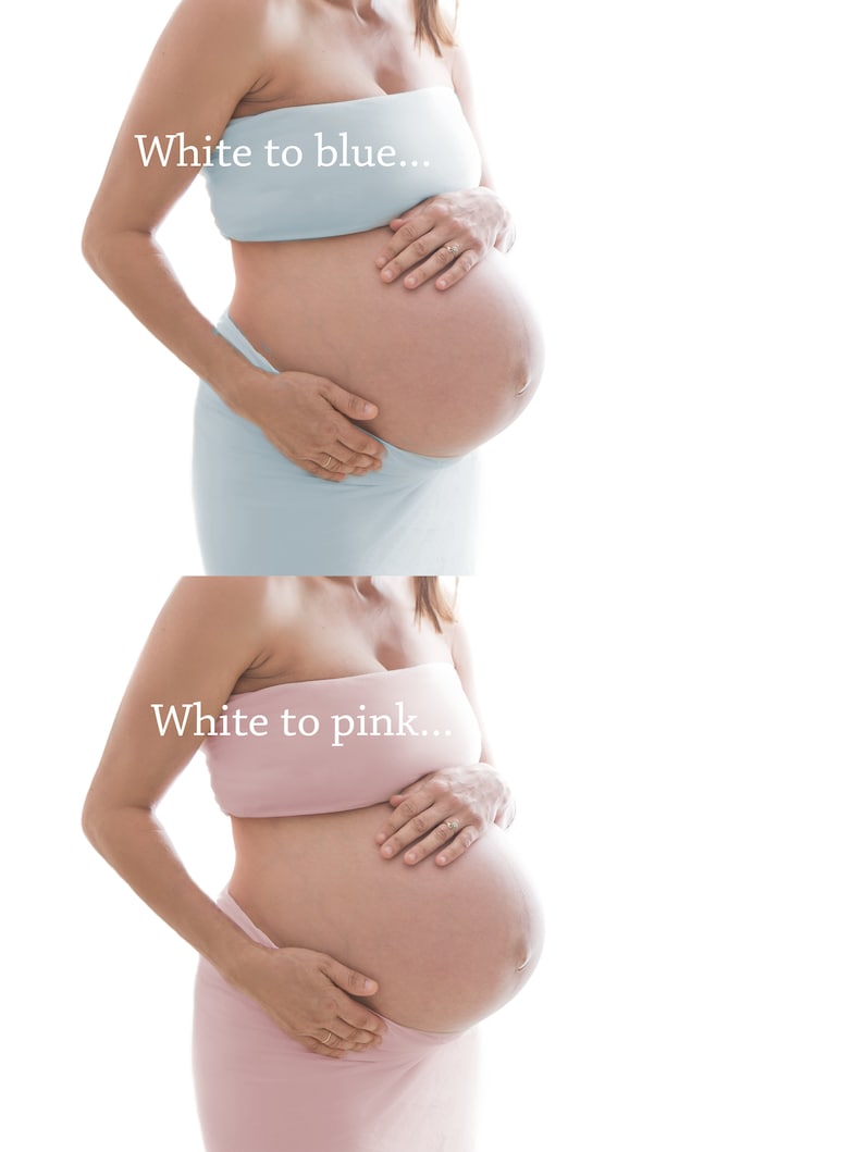 May include: A pregnant person wearing a light blue strapless top and skirt, with the text "White to blue..." in white. The person is holding their belly. A second image shows a pink strapless top and skirt with the text "White to pink..."