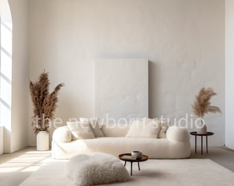 Toile de fond numérique vue de la salle boho neutre - esthétique beige doux - arrière-plan virtuel - arrière-plan texturé blanc crémeux moderne