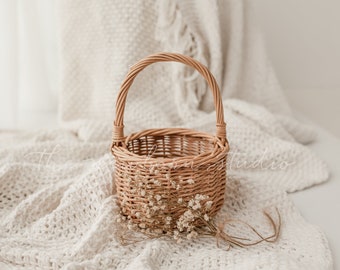 Newborn digital background - Natural white newborn digital composite - dried florals - baby digital image - basket with flowers