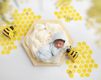 Newborn honeybee honeycomb digital backdrop with Wattle flowers - Yellow bee digital background - newborn baby photographer image