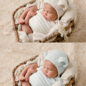 May include: A newborn baby wearing a white knitted hat with bear ears and a matching wrap, nestled in a woven basket. The baby is sleeping peacefully. The image is soft and warm, with a focus on the baby's delicate features.