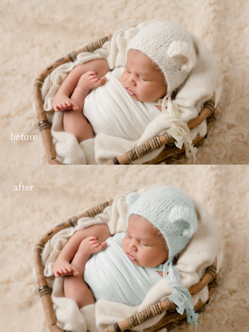 May include: A newborn baby wearing a white knitted hat with bear ears and a matching wrap, nestled in a woven basket. The baby is sleeping peacefully. The image is soft and warm, with a focus on the baby's delicate features.