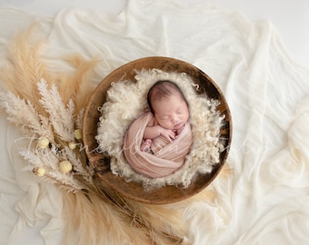 Op de afbeelding: Een pasgeboren baby slaapt rustig in een houten kom die is bekleed met zacht, pluizig materiaal. De baby is gewikkeld in een zachte roze stof en is omringd door gedroogd pampasgras.