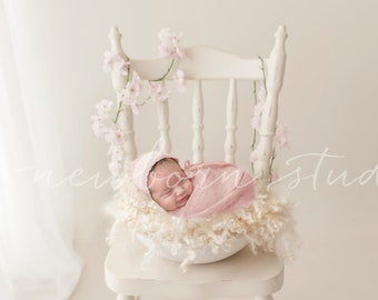 Newborn chair digital image - Newborn digital composite backdrop background - floral white soft fur baby photography digital composite
