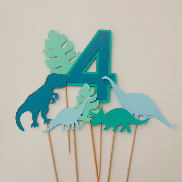 Dinosaur cake topper | Jungle leaves cake topper | Dino theme party styling | green blue dinosaur | cupcake topper | birthday cake name