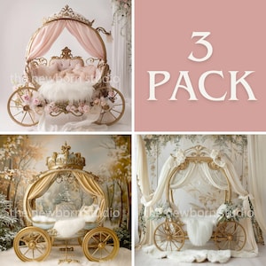 3 Pack Princess Carriages Pink, Gold, White Newborn Digital Background, Newborn Background, Floral Carriage Composite, Maternity Overlay