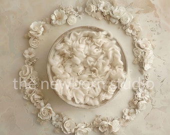 Newborn Cream White Neutral Bowl Floral Composite - Boho Newborn Digital Backdrop for Photographers - Fine Art Newborn Digital Background