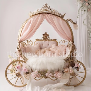 Pink and White Princess Carriage Floral Gold Newborn Digital Background, Newborn Background, Floral Carriage Composite, Digital Overlay