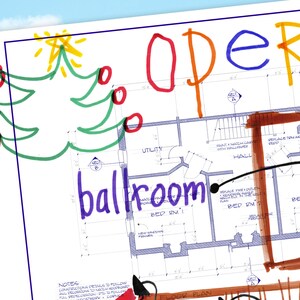 May include: A hand-drawn floor plan of a house with the words "Oper" and "ballroom" written in colourful marker. The plan includes rooms labelled "Bed Rm I", "Hall", and "Utility".