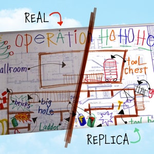 May include: A hand-drawn floor plan of a house, with the words "REAL OPERATION" and "REPLICA" written above the plans. The real plan is a simple sketch with labels like "big hole", "bricks", and "ladder". The replica plan is more detailed, with labels like "tool chest", "STAR HALL", and "SECTION A".