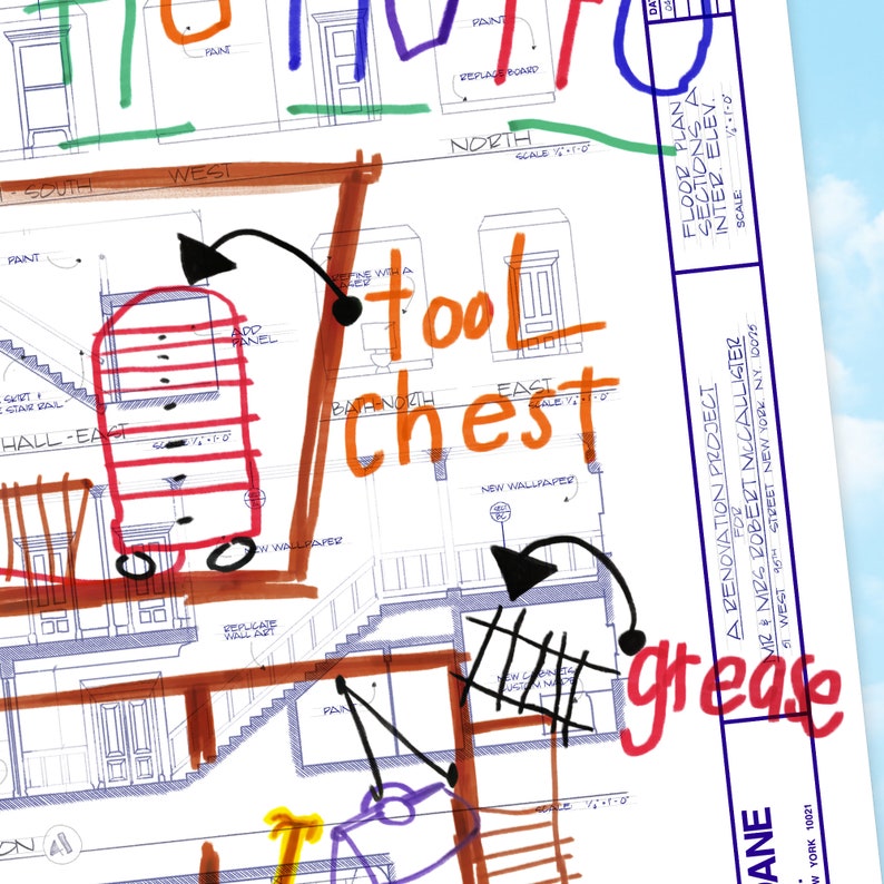May include: A hand-drawn floor plan with notes and arrows indicating the location of a tool chest, a drawer unit, and a grease stain. The plan includes the words "tool chest", "grease", and "add panel".