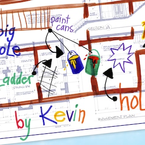 May include: A hand-drawn basement plan with notes and arrows pointing to different areas. The plan includes a kitchen, dining room, pantry, and a bathroom. The words "paint cans" are written in purple and black ink. The words "by Kevin" are written in blue, red, and orange ink. The words "Basement Plan" are written in black ink.