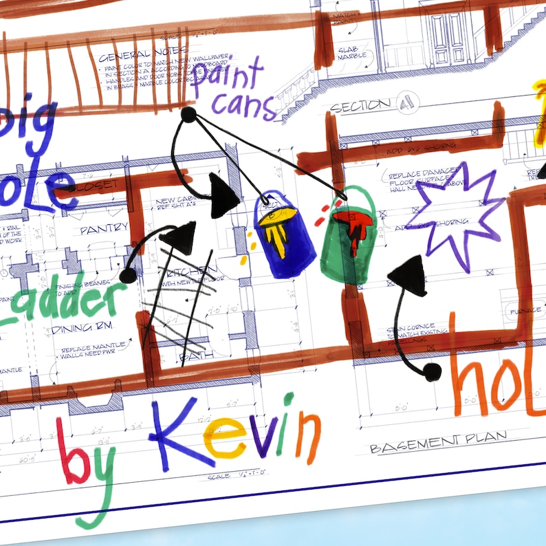 May include: A hand-drawn basement plan with notes and arrows pointing to different areas. The plan includes a kitchen, dining room, pantry, and a bathroom. The words "paint cans" are written in purple and black ink. The words "by Kevin" are written in blue, red, and orange ink. The words "Basement Plan" are written in black ink.