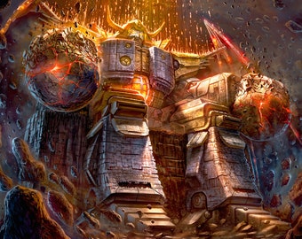 May include: A large, golden robot stands amidst a field of asteroids and debris. The robot is holding two large, cracked, glowing orbs in its hands. The robot has a horned helmet and a large, imposing presence.
