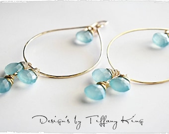 Blue Chalcedony earrings, wrapped earrings, gemstone earrings, wire wrapped, 14kt gold fill
