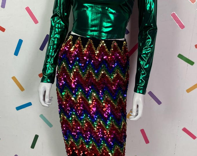 1980s True vintage rainbow stretch sequin tube midi skirt size 8 - 12