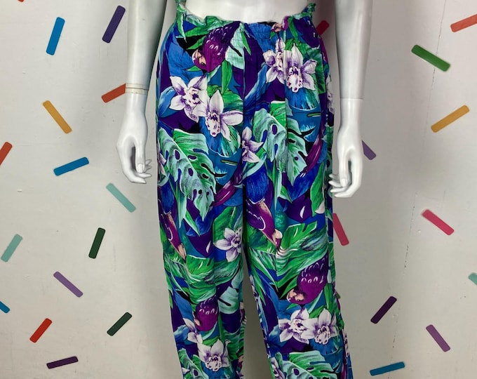 1980s true vintage blue floral/ tropical  design trousers Size 10-12