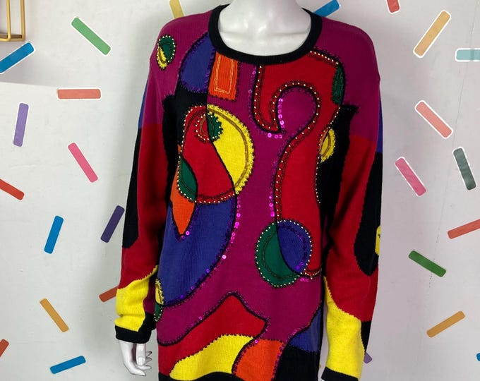 1980s true vintage long line jumper geo knit with sequins size 12/14