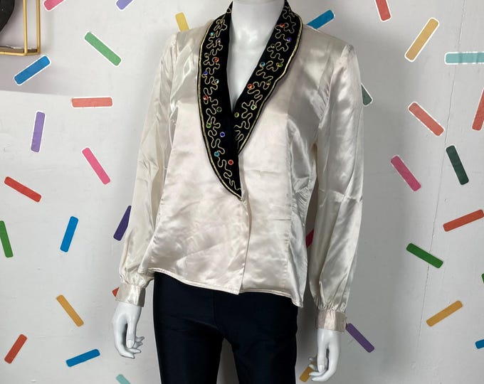 1980s true vintage white satin jewel collar blouse Size up to 12