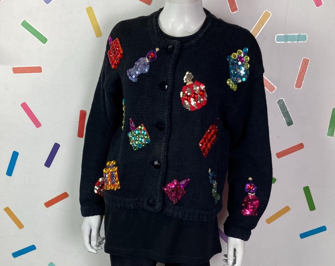 1980s True vintage black knitted perfume bottle knit cardigan size 12/14