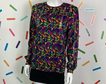 80s true vintage stain glass geo design long balloon sleeve blouse semi sheer - size 12