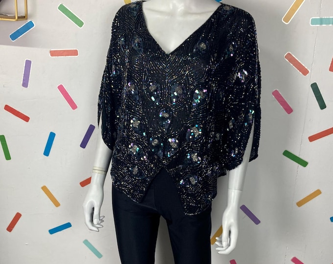 1980s black / silver batwing cape sequin peacock top - size 10-16