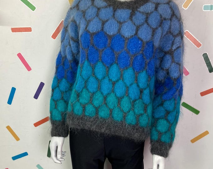 True vintage hand knitted peacock colour mohair jumper Size 12/14
