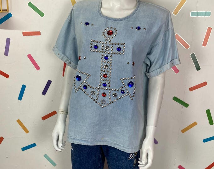 Vintage denim jewel anchor design top Size 14