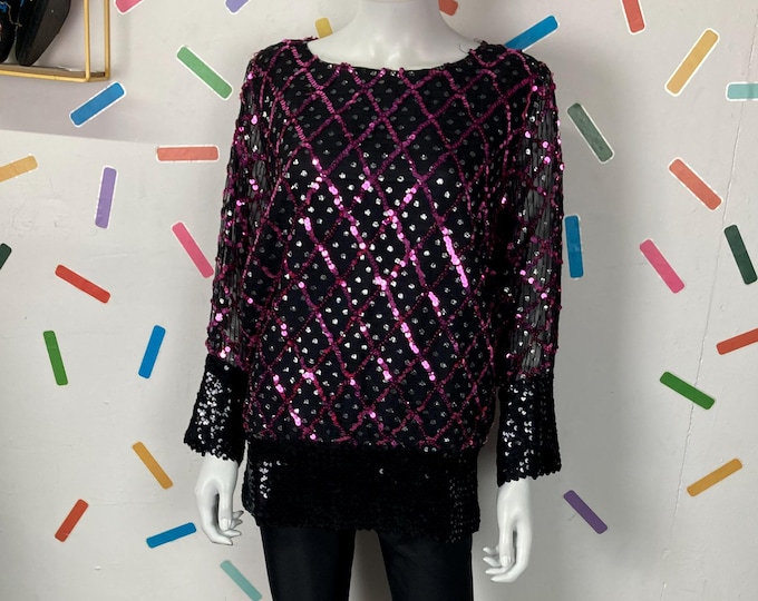 1980s true vintage black and pink sequin batwing top size 16