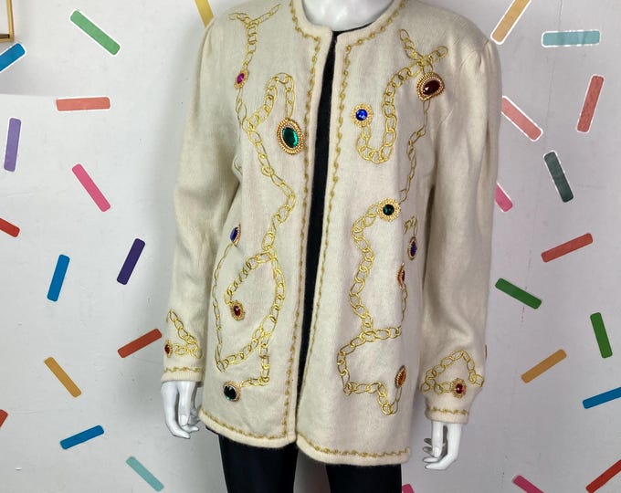 1980s true vintage cream jewel design long line  cardigan size 12/14