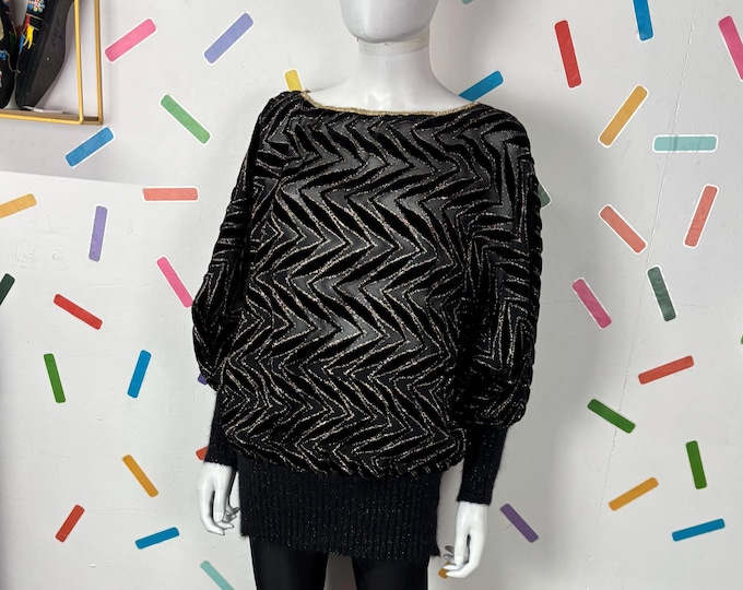 Vintage 80s batwing black and gold semi sheer party top size 14/16